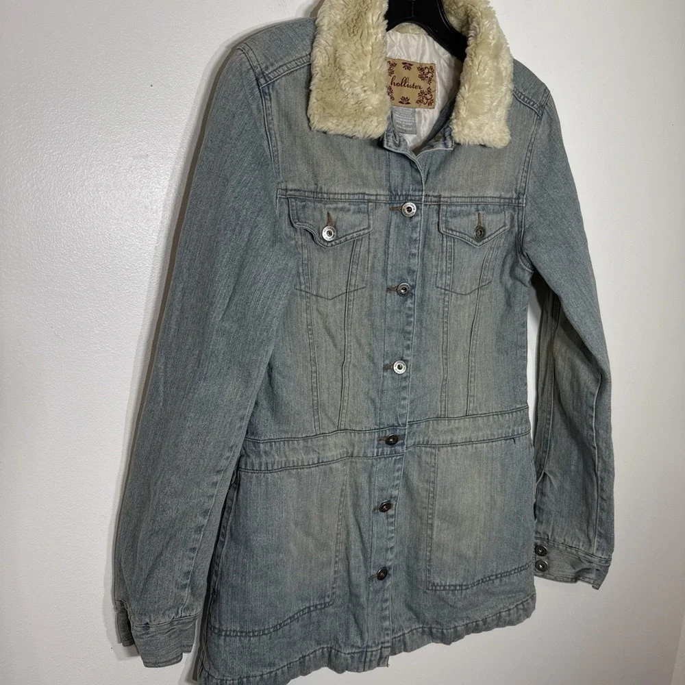 Vintage Hollister Denim Jean‎ Jacket Faux Fur Collar Lined Women's Medium Y2K